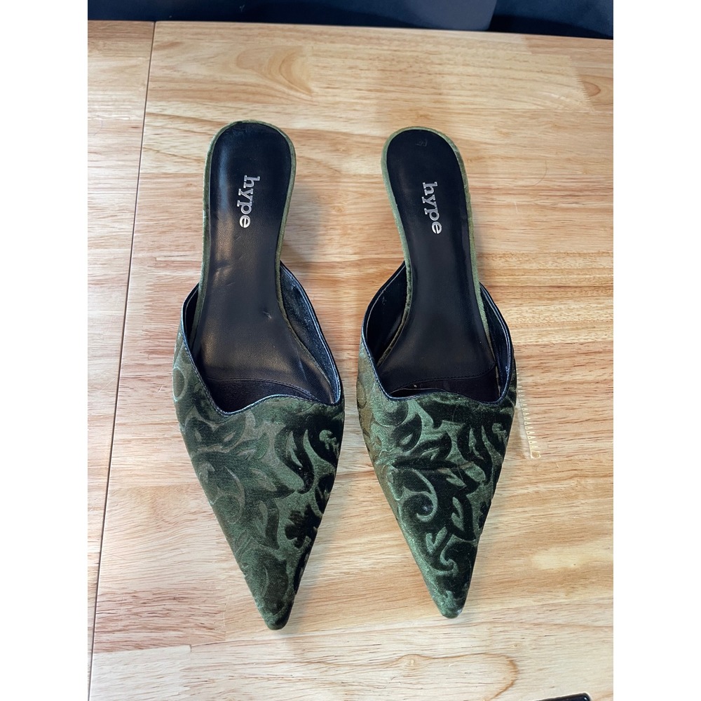 Hype Womens Olive Green Burnout Velvet Damask Pointed Toe Kitten Heel Mules 11M